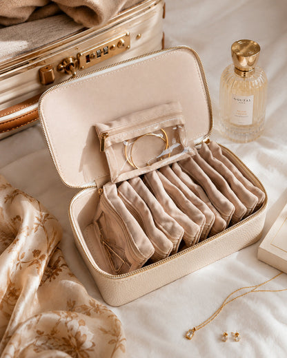 ROVELUNE Travel Jewelry Case open with removable jewelry pouches