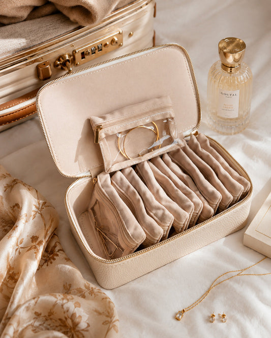 ROVELUNE Travel Jewelry Case open with removable jewelry pouches