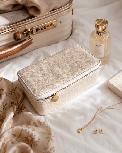 ROVELUNE Travel Jewelry Case closed in a travel setting